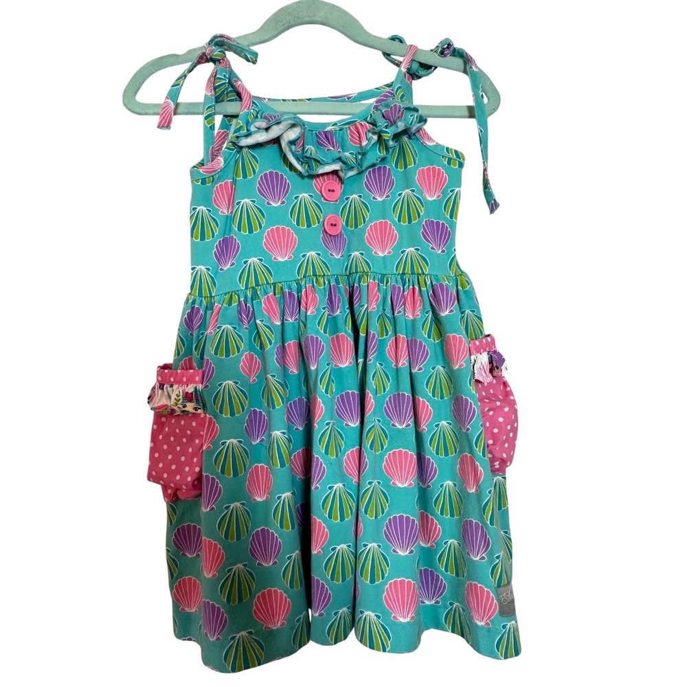 Eleanor Rose Judy Teal Shell Print Dress & Bloomers Set Tie Shoulder Ruffle‎ 3/4